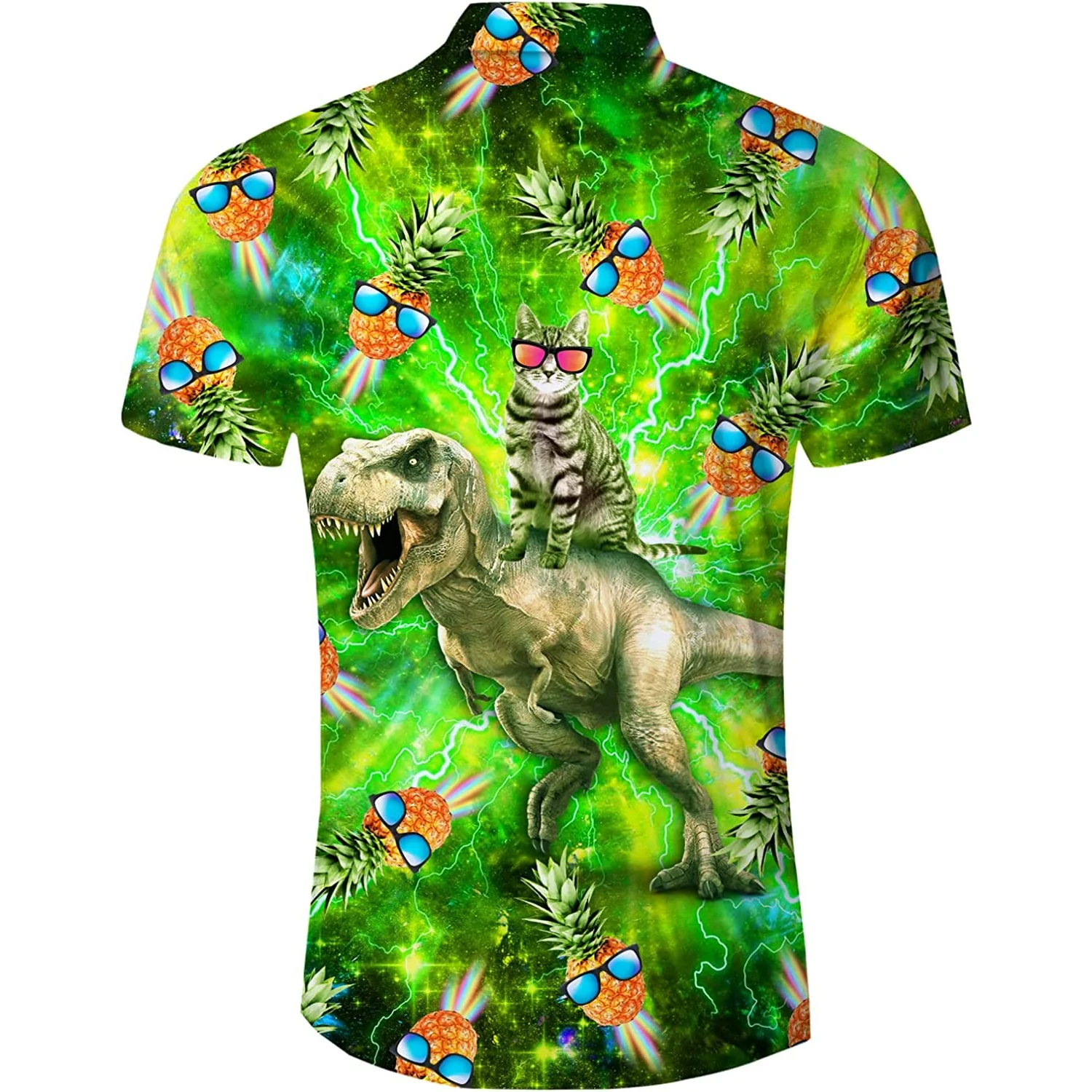 Pineapple Cat Riding Dinosaur Funny Hawaiian Shirt
