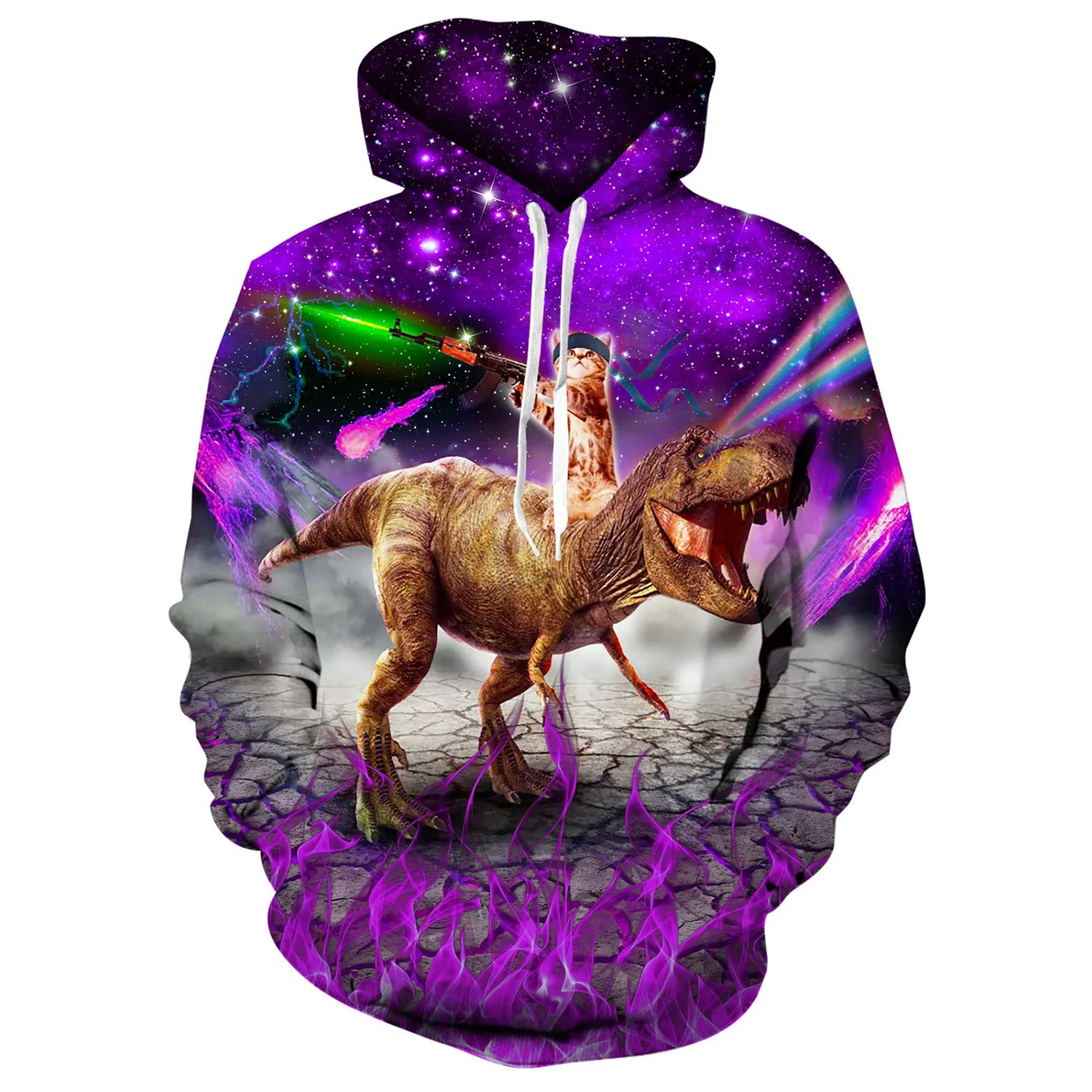 Cat Riding Dinosaur Purple Funny Hoodie